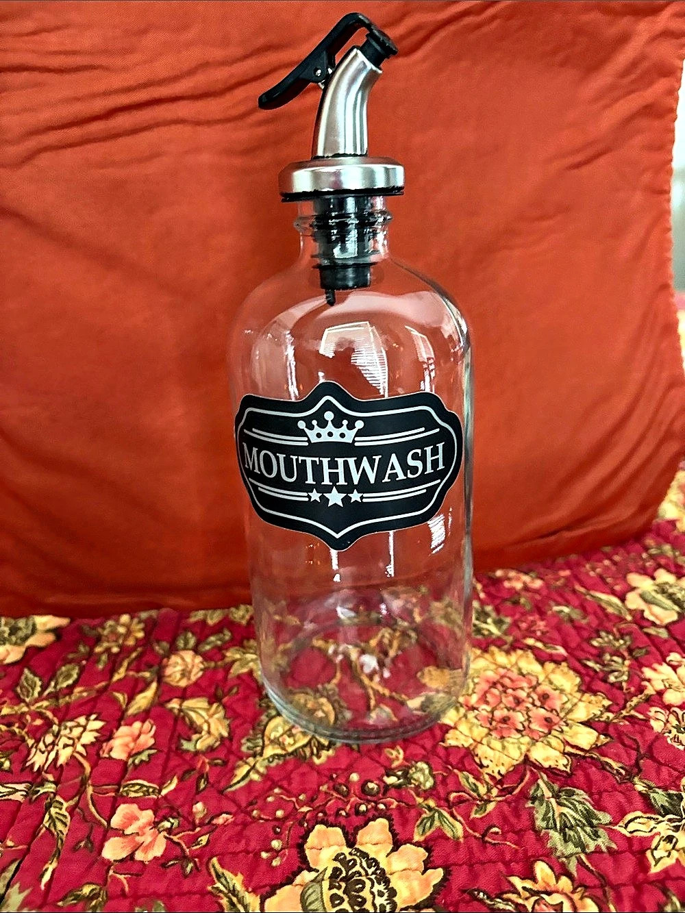 Mouthwash Dispenser 16-Ounce Glass  Clear & Silver